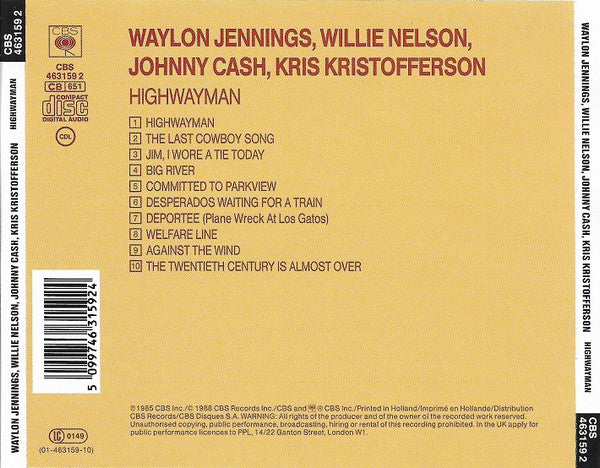 Waylon Jennings, Willie Nelson, Johnny Cash, Kris Kristofferson : Highwayman (CD, Album, RE)