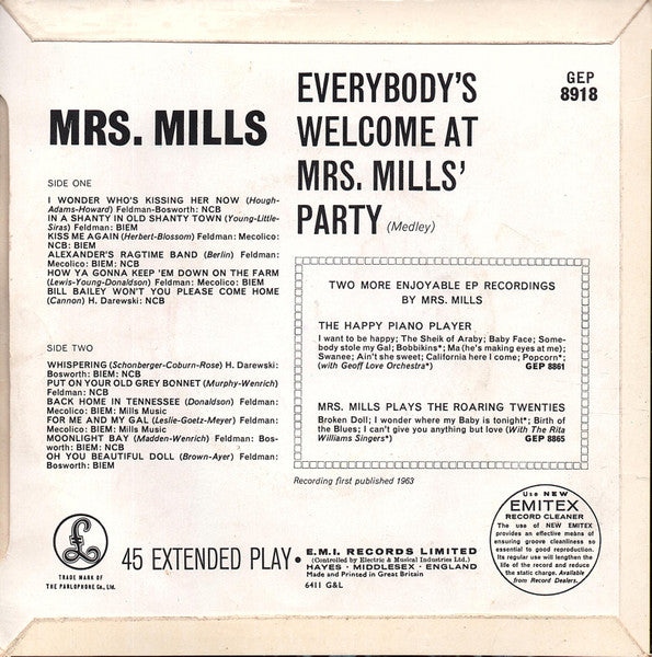 Mrs. Mills : Everybody's Welcome At Mrs. Mills' Party (7", EP, Mono)
