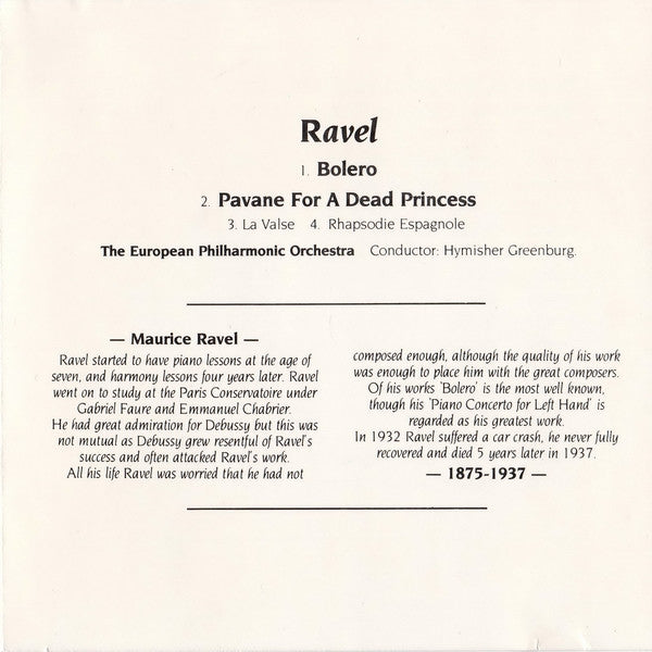 Maurice Ravel - Hymisher Greenburg Conducting The European Philharmonic Orchestra (2) : Bolero (CD, Album)