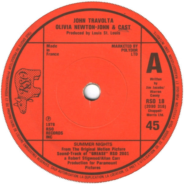John Travolta, Olivia Newton-John & "Grease" Cast : Summer Nights (7", Single, Red)