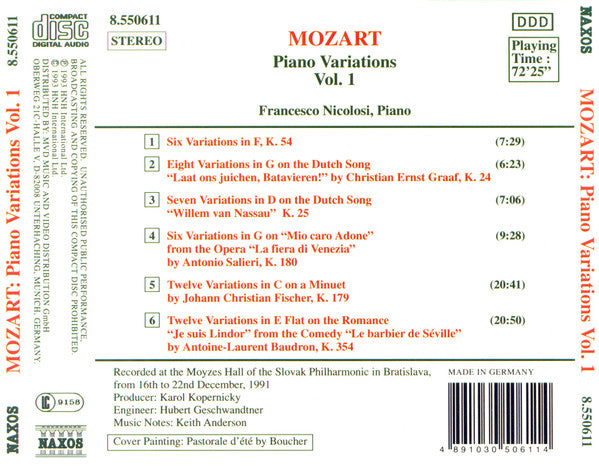 Wolfgang Amadeus Mozart, Francesco Nicolosi : Piano Variations, Vol. 1 (CD, Album)