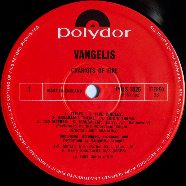 Vangelis : Chariots Of Fire (LP, Album, Ltd)