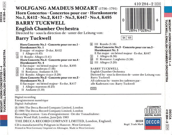 Wolfgang Amadeus Mozart / Barry Tuckwell, English Chamber Orchestra : Horn Concertos 1-4 (CD, RE)
