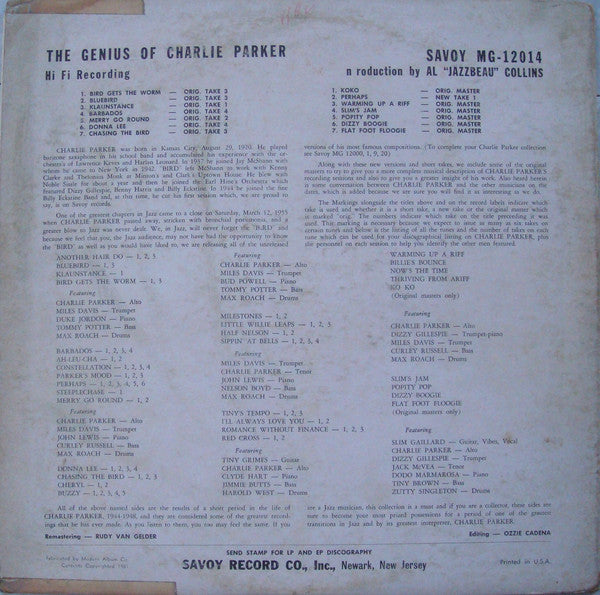 Charlie Parker : The Genius Of Charlie Parker (LP, Comp, Mono, RE)