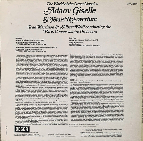 Adolphe C. Adam / Jean Martinon & Albert Wolff Conducting The Orchestre De La Société Des Concerts Du Conservatoire : Giselle / Si J'étais Roi - Overture (LP, Comp, RE, RP)