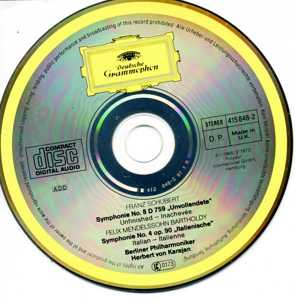 Franz Schubert, Felix Mendelssohn-Bartholdy - Berliner Philharmoniker, Herbert von Karajan : Symphonie Nr. 8 »Unvollendete« / Symphonie Nr. 4 »Italienische« (CD, Comp, RE, RM)