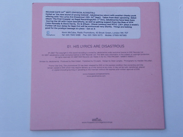 Jakobínarína : His Lyrics Are Disastrous (CD, Single, Promo)