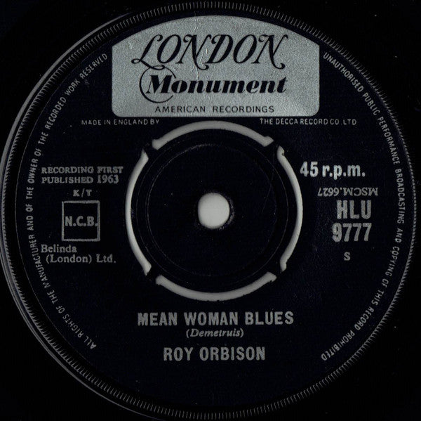 Roy Orbison : Blue Bayou / Mean Woman Blues (7", Single)