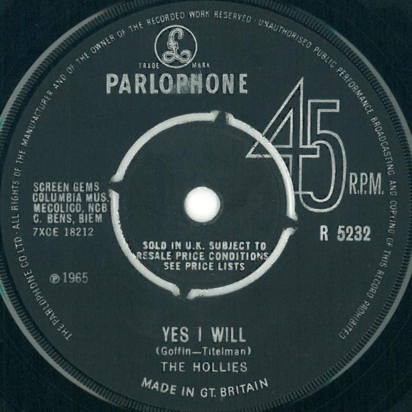 The Hollies : Yes I Will (7", Single)