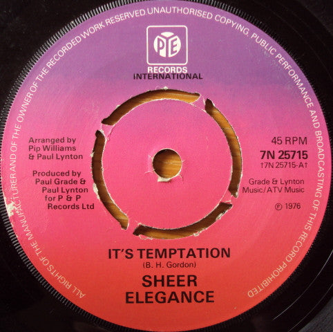 Sheer Elegance : It's Temptation (7", Single, Kno)
