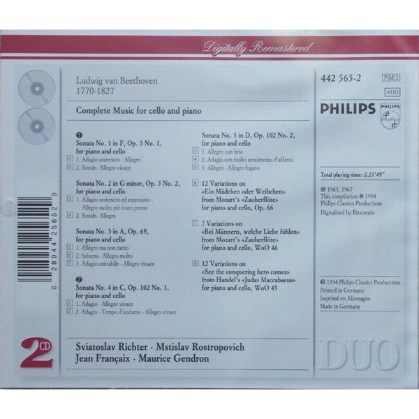 Ludwig van Beethoven - Mstislav Rostropovich, Sviatoslav Richter, Maurice Gendron, Jean Françaix : Complete Music For Cello And Piano (2xCD, Comp, RE, RM)