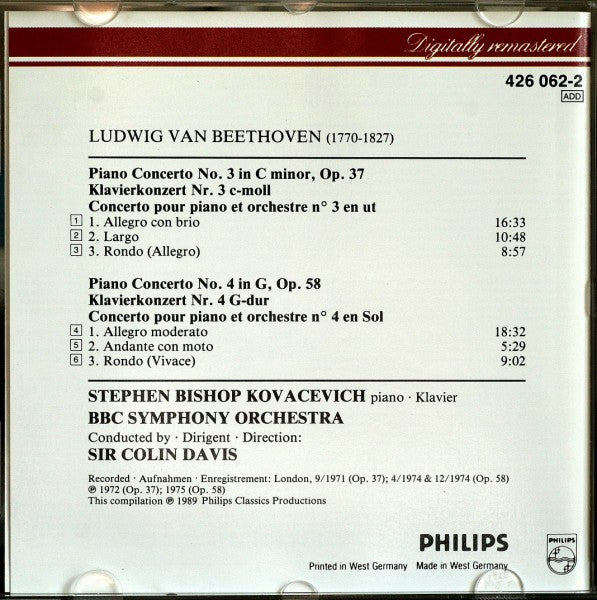 Ludwig van Beethoven, Stephen Bishop-Kovacevich, BBC Symphony Orchestra, Sir Colin Davis : Piano Concertos = Klavierkonzerte Nr. 3 & 4 (CD, Comp, RE, RM, PDO)