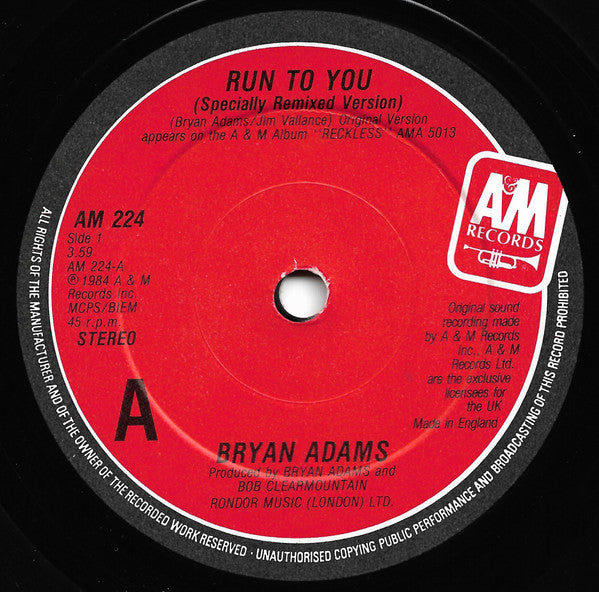 Bryan Adams : Run To You (7", Single)