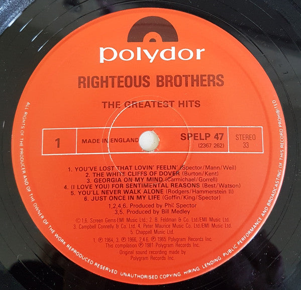 The Righteous Brothers : The Greatest Hits (LP, Comp, RE)