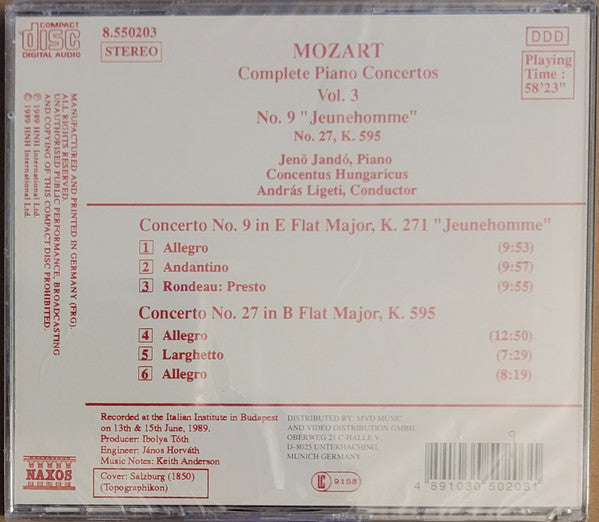 Wolfgang Amadeus Mozart / Jenö Jandó, Concentus Hungaricus, András Ligeti : Complete Piano Concertos Vol. 3 - No. 9 "Jeunehomme" / No. 27, K. 595 (CD, RE)