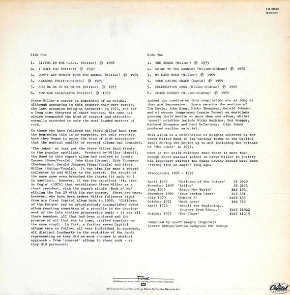 Steve Miller Band : The Best Of Steve Miller 1968-1973 (LP, Comp, RE)