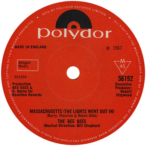 Bee Gees : Massachusetts (The Lights Went Out In) (7", Single, Mono, Sol)