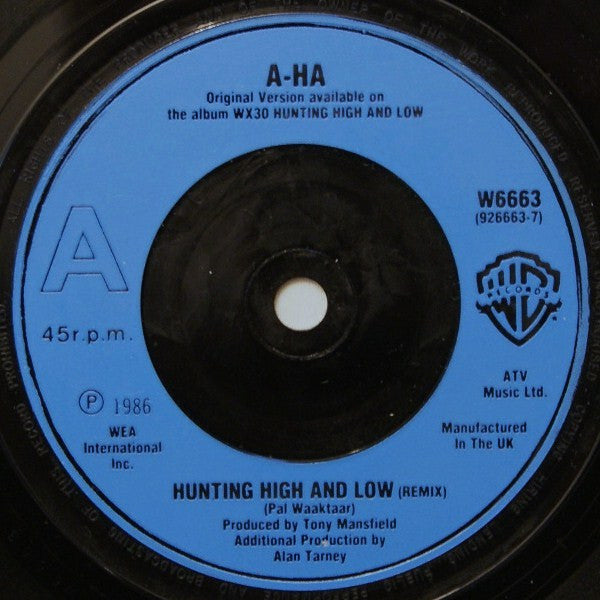 a-ha : Hunting High And Low (Remix) (7", Single, M/Print, Blu)