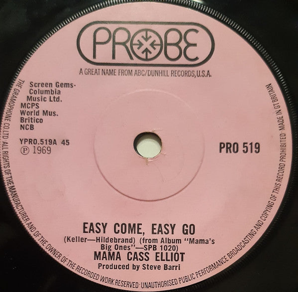 Cass Elliot : Easy Come, Easy Go (7", Single)