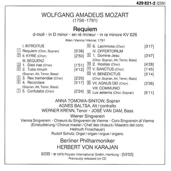 Wolfgang Amadeus Mozart / Anna Tomowa-Sintow • Agnes Baltsa • Werner Krenn • José Van Dam • Wiener Singverein • Berliner Philharmoniker • Herbert von Karajan : Requiem (CD, RE, RM)