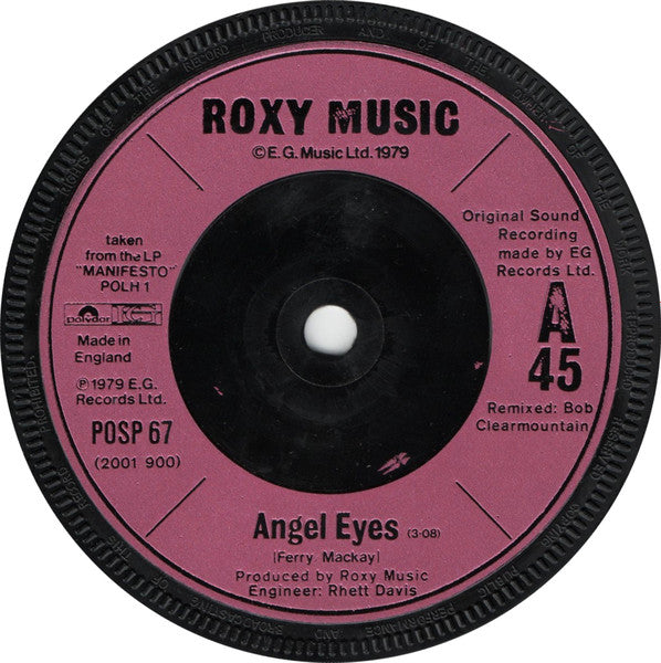 Roxy Music : Angel Eyes (7", Single, Sol)