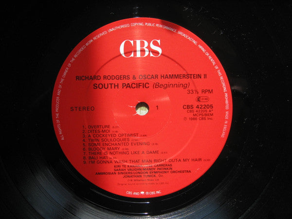 Rodgers & Hammerstein - Kiri Te Kanawa, José Carreras, Sarah Vaughan, Mandy Patinkin, The Ambrosian Singers, London Symphony Orchestra, Jonathan Tunick : South Pacific (LP, Album)