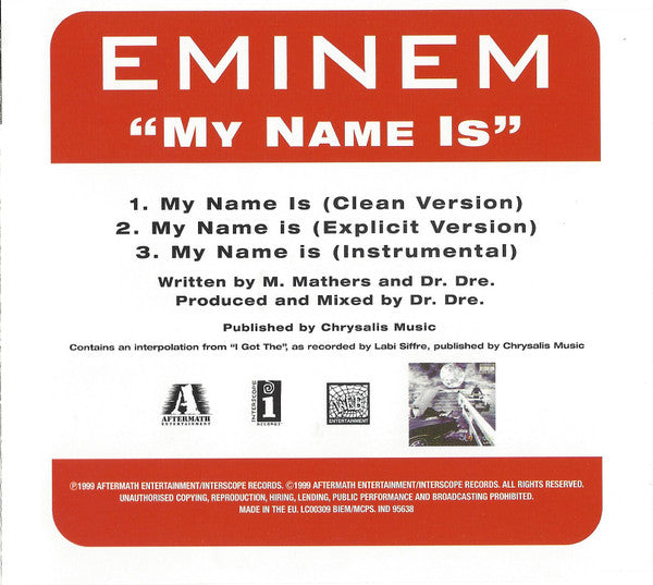 Eminem : My Name Is (CD, Single)