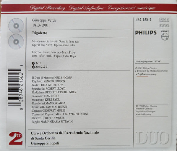 Giuseppe Verdi - Edita Gruberova, Brigitte Fassbaender, Neil Shicoff, Renato Bruson, Robert Lloyd (4), Coro dell'Accademia Nazionale di Santa Cecilia & Orchestra dell'Accademia Nazionale di Santa Cecilia, Giuseppe Sinopoli : Rigoletto (2xCD, Album, RE)
