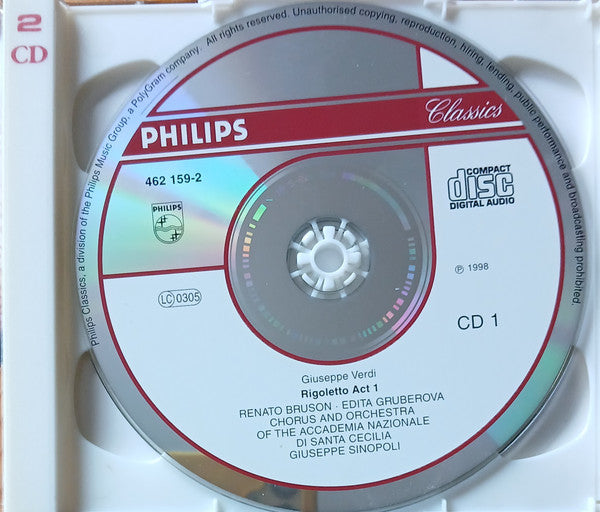 Giuseppe Verdi - Edita Gruberova, Brigitte Fassbaender, Neil Shicoff, Renato Bruson, Robert Lloyd (4), Coro dell'Accademia Nazionale di Santa Cecilia & Orchestra dell'Accademia Nazionale di Santa Cecilia, Giuseppe Sinopoli : Rigoletto (2xCD, Album, RE)
