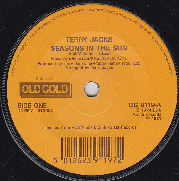 Terry Jacks : Seasons In The Sun (7", Single)