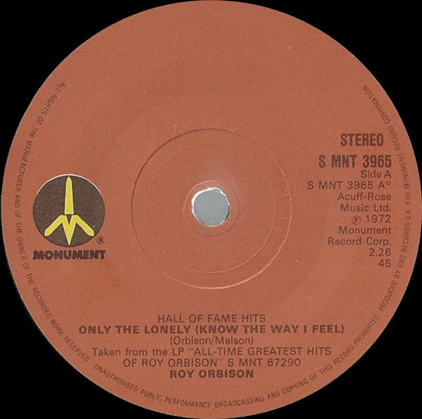 Roy Orbison : Only The Lonely (Know The Way I Feel) (7", Single)
