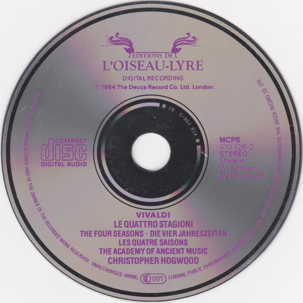 Antonio Vivaldi - The Academy Of Ancient Music, Christopher Hogwood / Alison Bury · Catherine Mackintosh · Christopher Hirons · John Holloway : Le Quattro Stagioni = The Four Seasons = Die Vier Jahreszeiten = Les Quatre Saisons (CD, Album, RP)