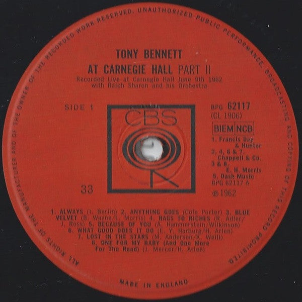 Tony Bennett With Ralph Sharon And His Orchestra : At Carnegie Hall Part 2 (LP, Mono)
