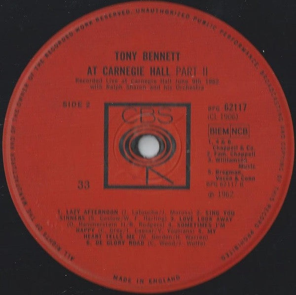 Tony Bennett With Ralph Sharon And His Orchestra : At Carnegie Hall Part 2 (LP, Mono)