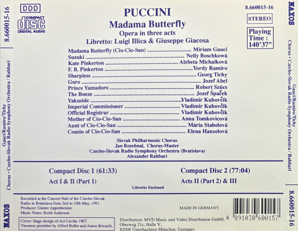 Giacomo Puccini, Miriam Gauci, Yordy Ramiro, Georg Tichy, Slovak Philharmonic Chorus, Slovak Radio Symphony Orchestra, Alexander Rahbari : Madama Butterfly (2xCD, Album, P+O)