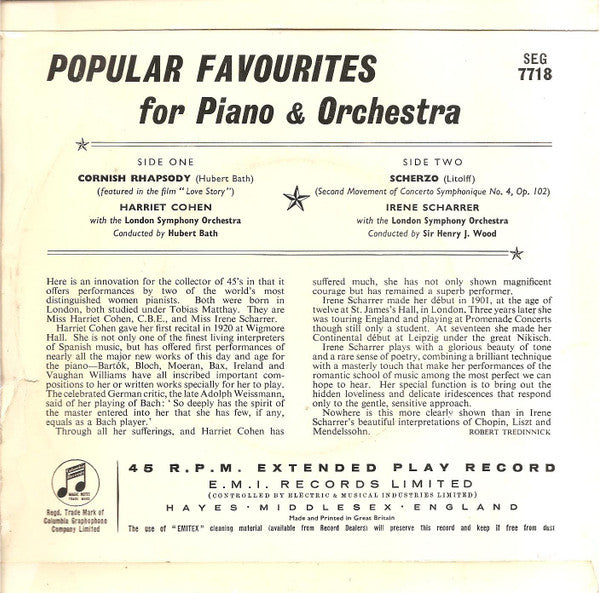 Harriet Cohen / Irene Scharrer With London Symphony Orchestra : Popular Favourites For Piano And Orchestra (7", EP)