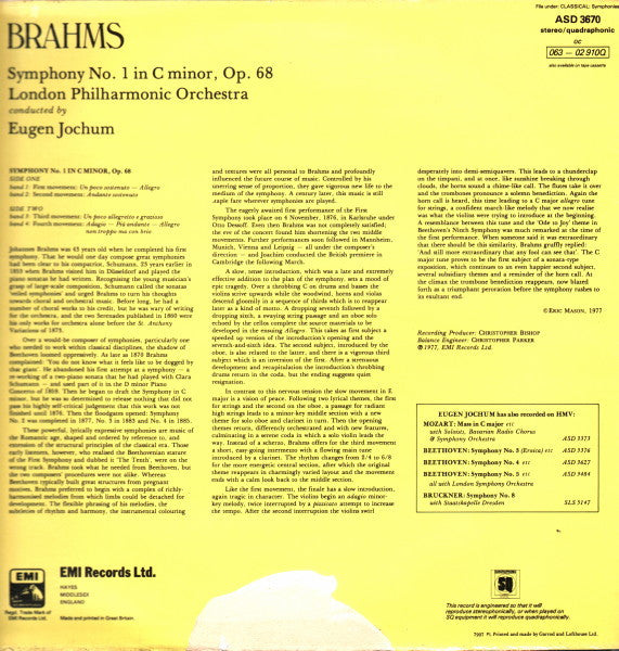 Johannes Brahms, London Philharmonic Orchestra Conducted By Eugen Jochum : Symphony No.1 In C Minor, Op.68 (LP, Quad)