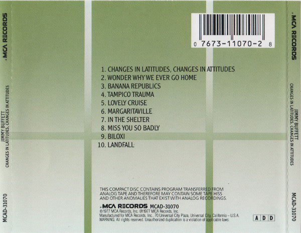 Jimmy Buffett : Changes In Latitudes, Changes In Attitudes (CD, Album, RE, Son)