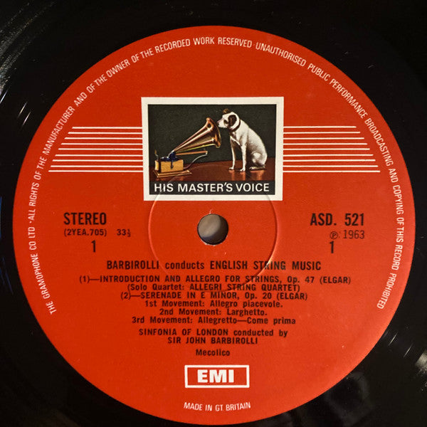 Sir John Barbirolli Conducts Sir Edward Elgar / Ralph Vaughan Williams - Sinfonia Of London With The Allegri String Quartet : English String Music (Introduction And Allegro For Strings ‧ Serenade In E Minor / Fantasia On A Theme By Thomas Tallis ‧ Fantasia On "Greensleeves") (LP, RP, ER2)