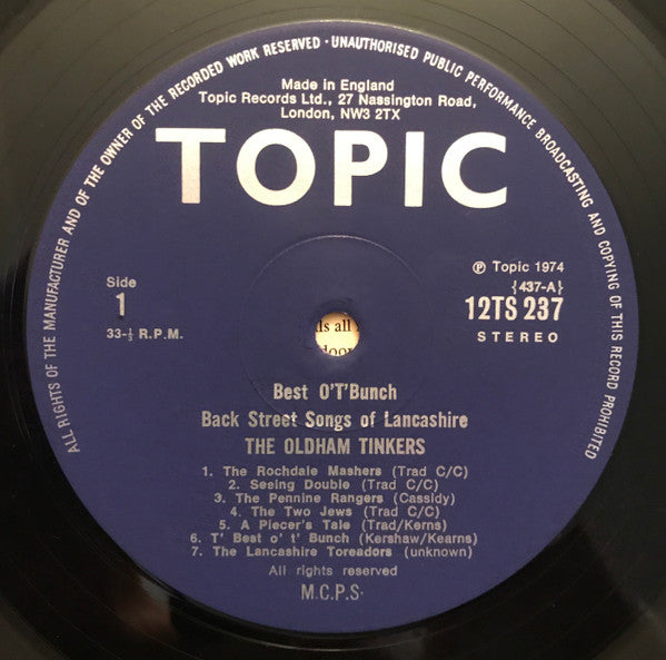 The Oldham Tinkers : Best O' T' Bunch - Back Street Songs Of Lancashire (LP, Album)