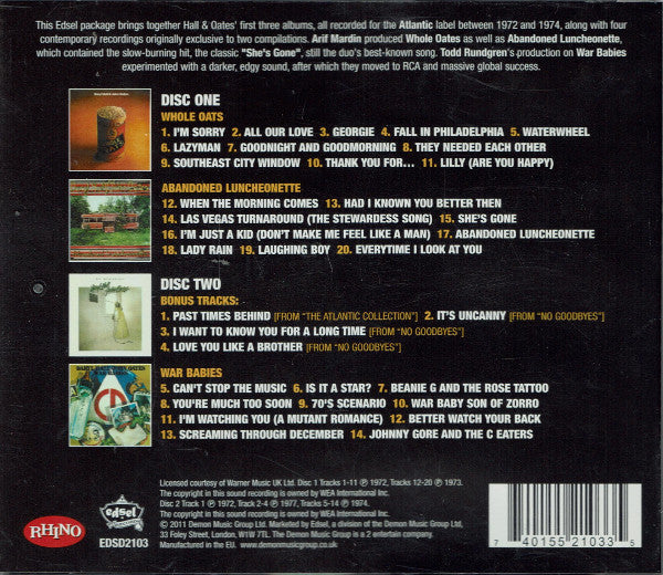 Daryl Hall & John Oates : The Atlantic Albums Whole Oats + Abandoned Luncheonette + War Babies...Plus (2xCD, Comp)