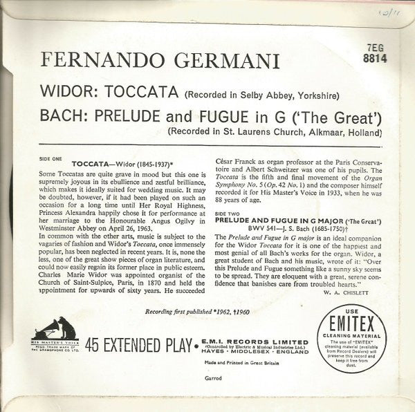 Charles-Marie Widor, Johann Sebastian Bach, Fernando Germani : Toccata & Prelude And Fugue In G ('The Great'), BWV 541 (7", EP, Mono)