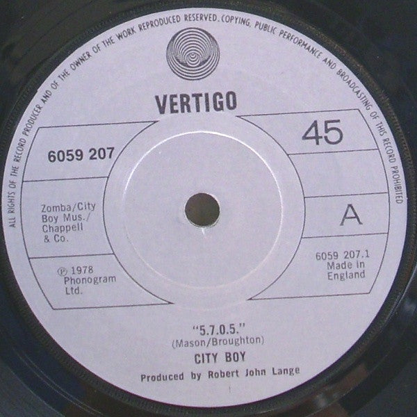 City Boy : 5.7.0.5. (7", Single, Pap)