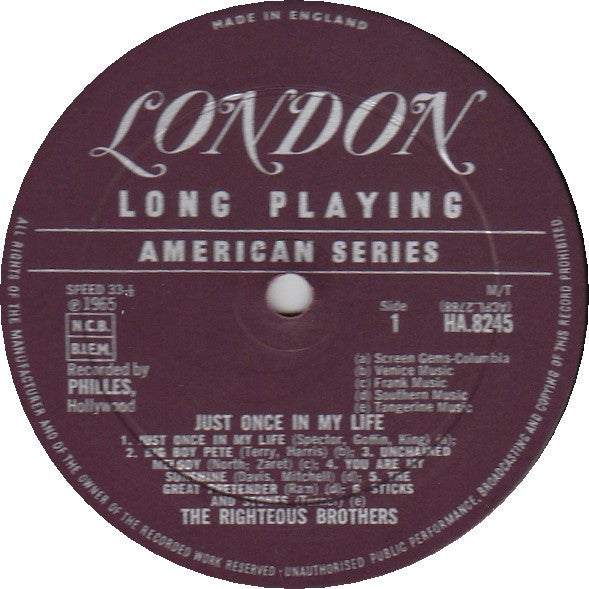 The Righteous Brothers : Just Once In My Life (LP, Album, Mono)