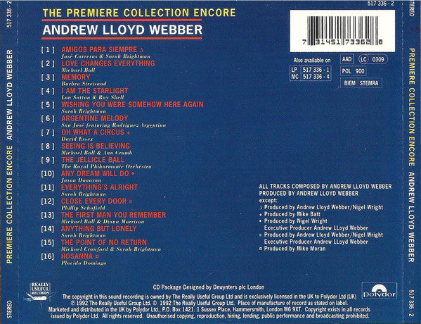 Andrew Lloyd Webber - The Premiere Collection Encore (CD) (Very Good Plus (VG)) - DaddyPop