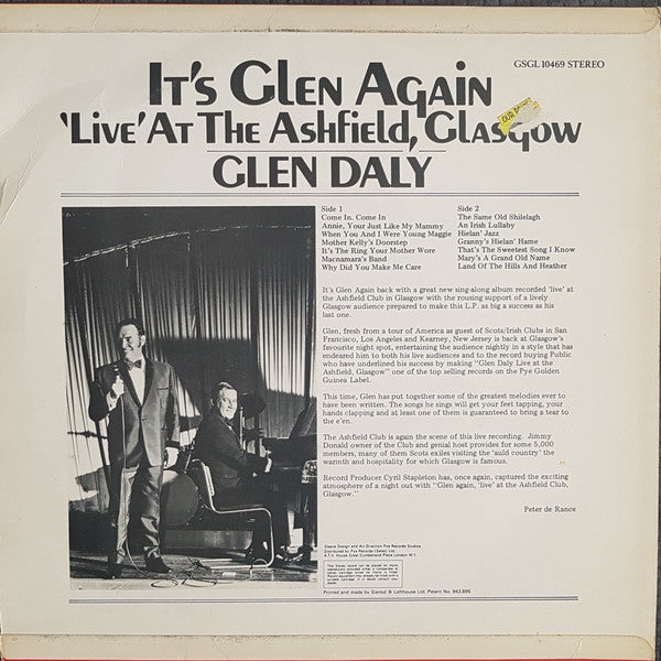 Glen Daly : Live At The Ashfield Glasgow (LP)
