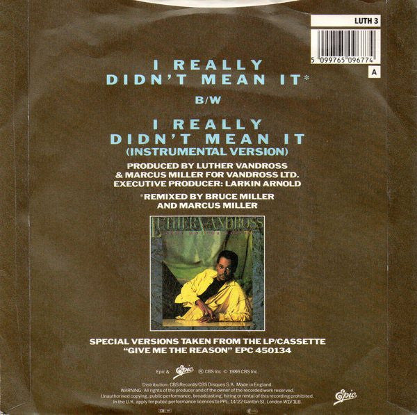 Luther Vandross : I Really Didn't Mean It (7", Single)