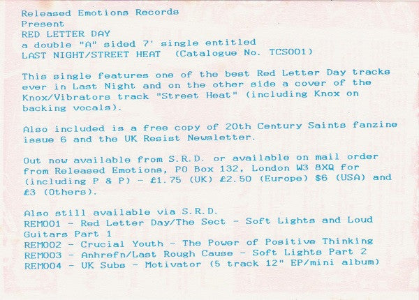 Red Letter Day : Last Night (7", Single)