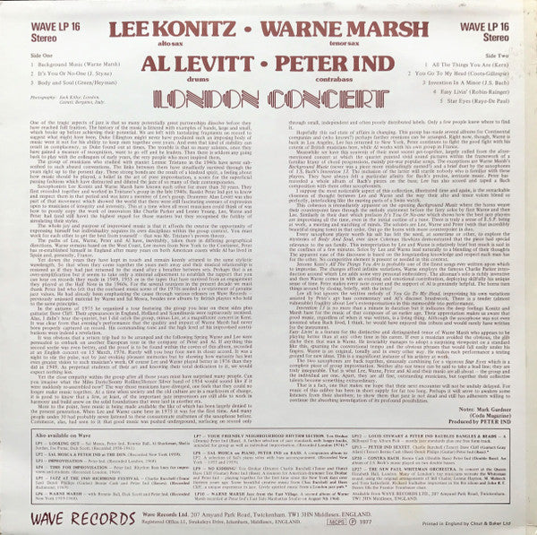 Lee Konitz • Warne Marsh • Al Levitt • Peter Ind : London Concert (LP, Album)