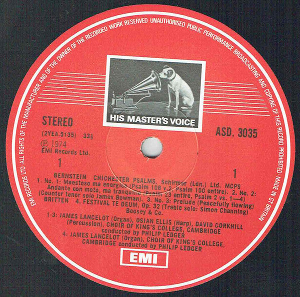 Benjamin Britten & Leonard Bernstein / The King's College Choir Of Cambridge Conducted By Philip Ledger : Rejoice In The Lamb / Chichester Psalms (LP)